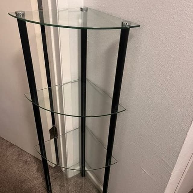 Modern Glass & Black Metal 4-Tier Corner Display Shelf