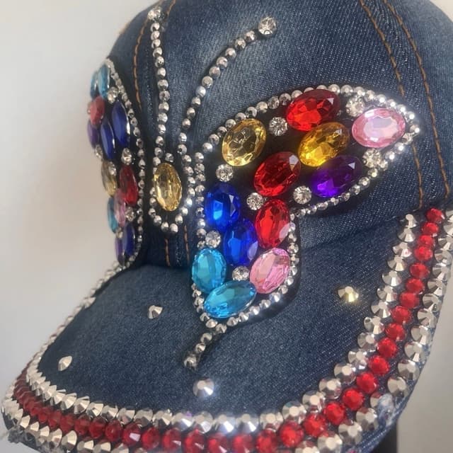 Hand-Crafted Sparkling Rhinestone Butterfly Denim Baseball Cap Luxury Bling Hat