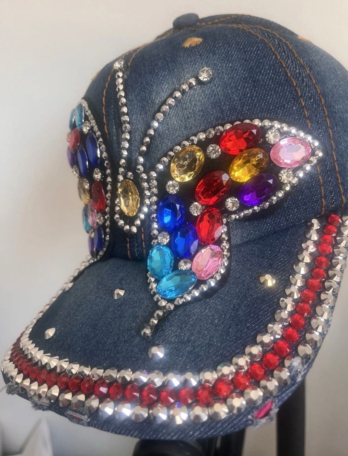 Hand-Crafted Sparkling Rhinestone Butterfly Denim Baseball Cap Luxury Bling Hat